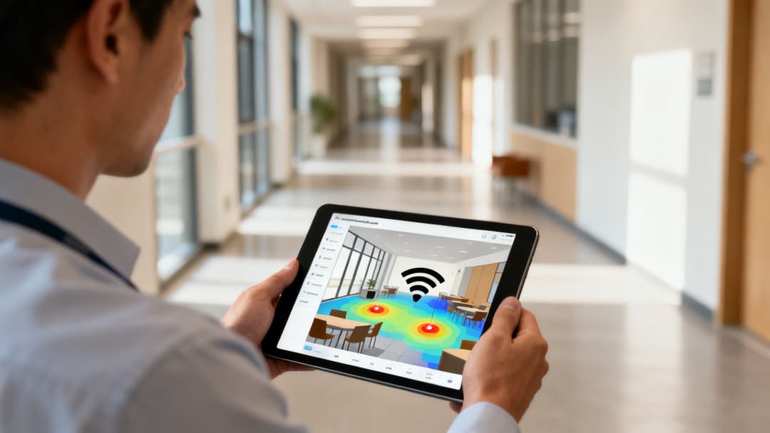 Una persona sostiene una tablet que muestra un mapa de calor de la señal Wi-Fi en una cafetería, optimizando la cobertura de la red.