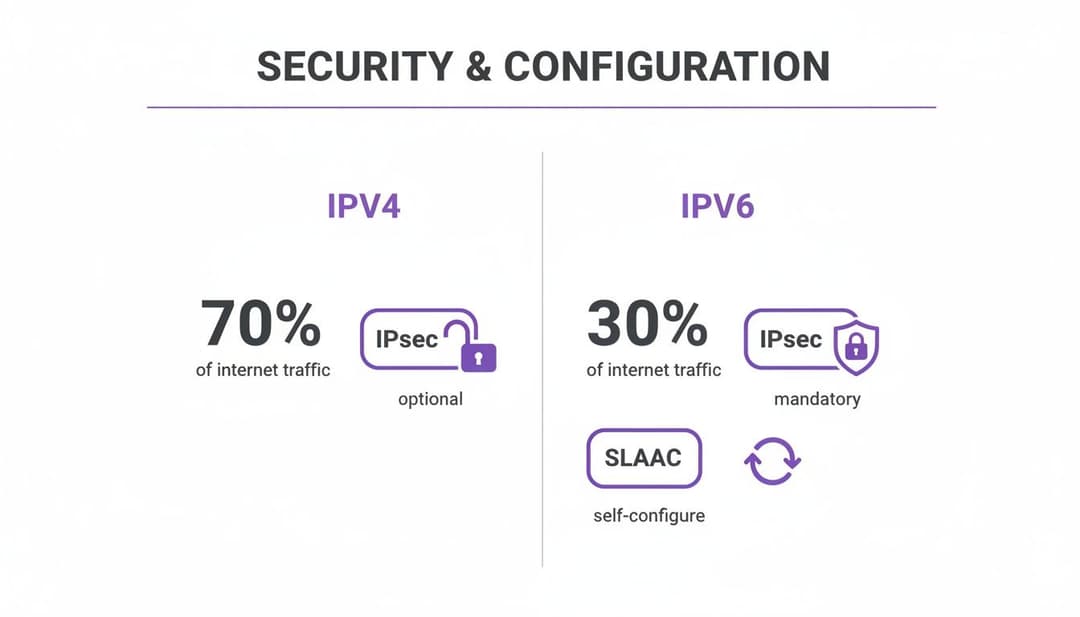 Infografik, die die Sicherheitsfunktionen, den prozentualen Anteil am Internet-Traffic und die Konfigurationsmethoden von IPv4 und IPv6 vergleicht.
