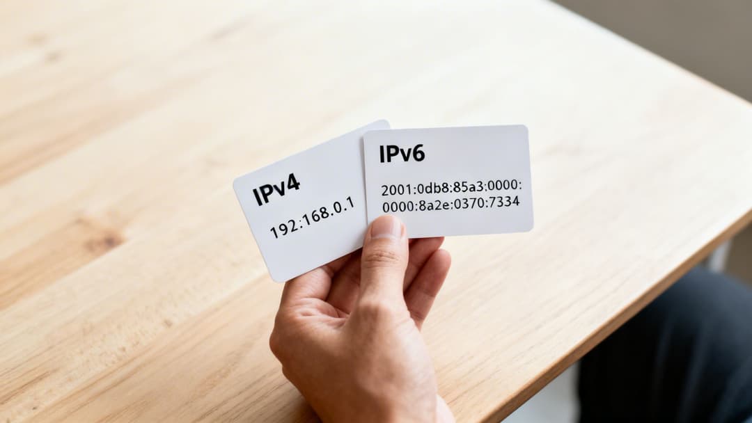 Eine Hand hält zwei weiße Karten mit IPv4- und IPv6-Adressen über einem Holztisch.