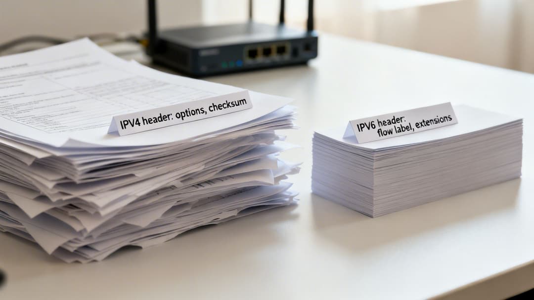Zwei Papierstapel veranschaulichen den Unterschied zwischen der Header-Komplexität von IPv4 und IPv6, mit einem Router im Hintergrund.