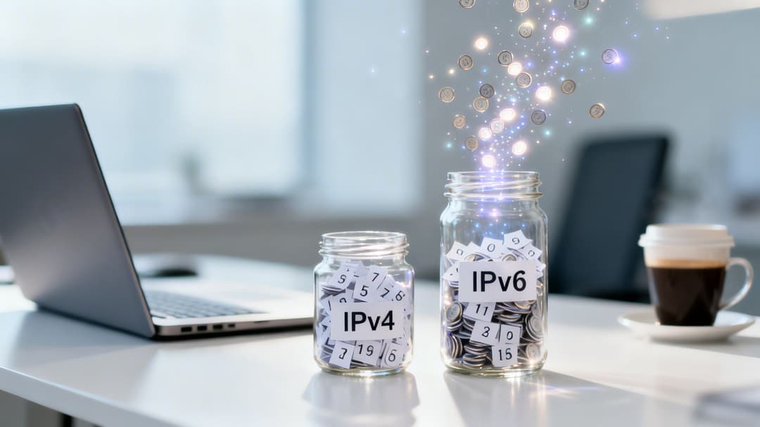 Zwei Einmachgläser, IPv4 und IPv6, auf einem weißen Schreibtisch. Das IPv6-Glas strahlt leuchtende Münzen aus, die Wachstum symbolisieren.