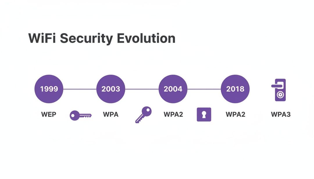 Línea de tiempo que ilustra la evolución de los protocolos de seguridad WiFi desde 1999 (WEP) hasta 2018 (WPA3).