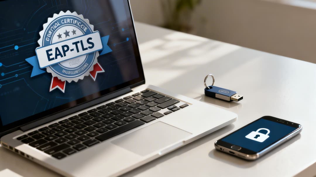 Pantalla de portátil que muestra la insignia del certificado digital EAP-TLS, junto a una llave de seguridad USB y un smartphone bloqueado.