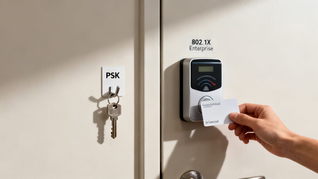 Una llave etiquetada como 'PSK' en un gancho junto a un lector de tarjetas etiquetado como '802.1X Enterprise' con una mano sosteniendo una tarjeta.