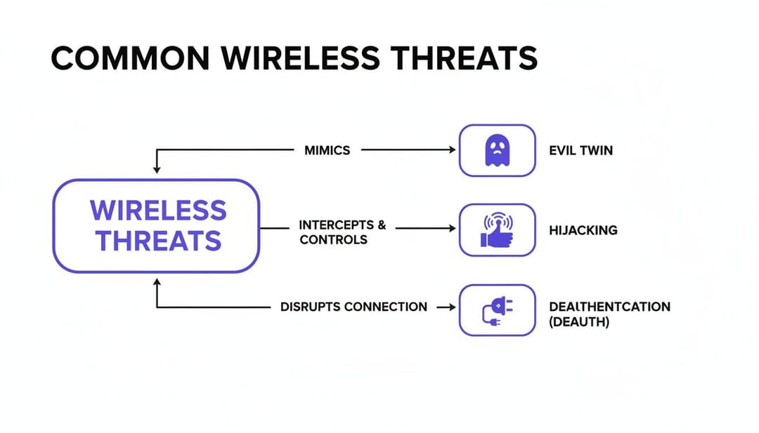 Diagrama que ilustra ameaças comuns a redes wireless, incluindo ataques Evil Twin, Hijacking e Desautenticação.