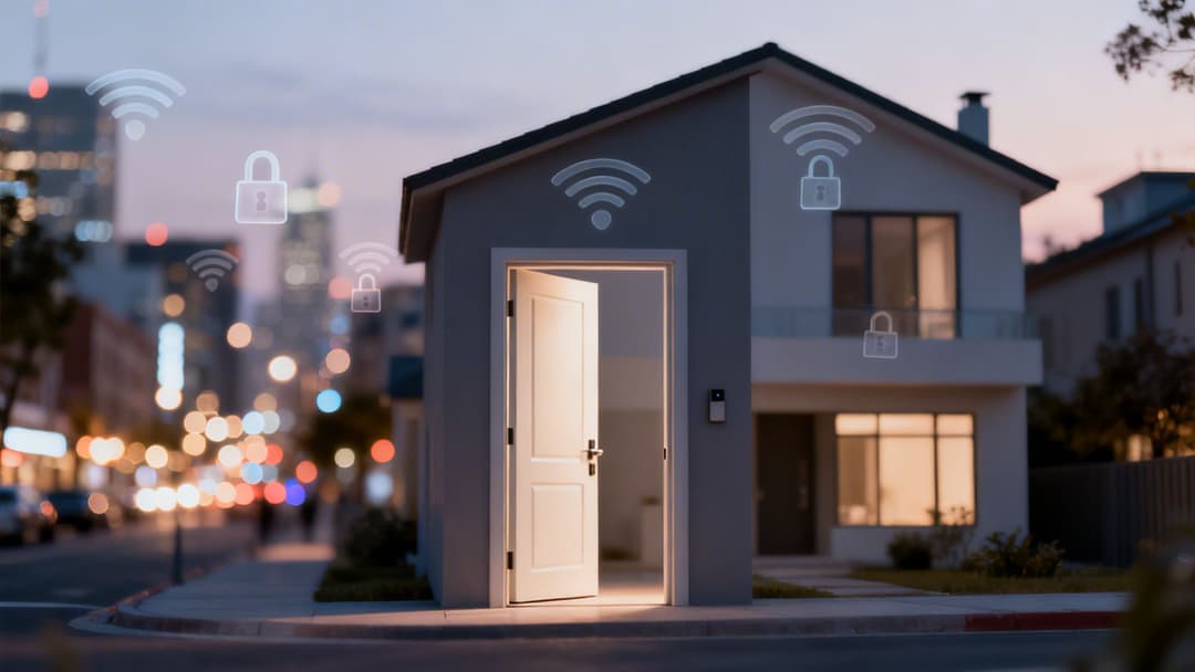 Casa inteligente moderna com porta aberta, a brilhar, com ícones de Wi-Fi e cadeado de segurança.
