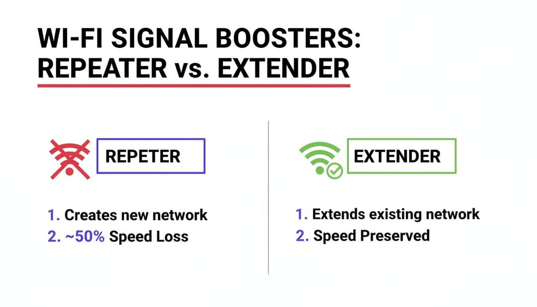 Un gráfico comparativo que explica los amplificadores de señal Wi-Fi: repetidor frente a extensor, detallando las diferencias de red y velocidad.