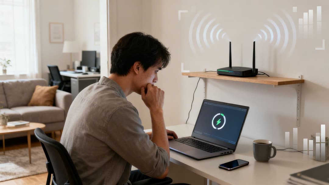 Hombre en un escritorio con un portátil cargándose de forma inalámbrica desde un router, mostrando la moderna tecnología de energía inalámbrica.