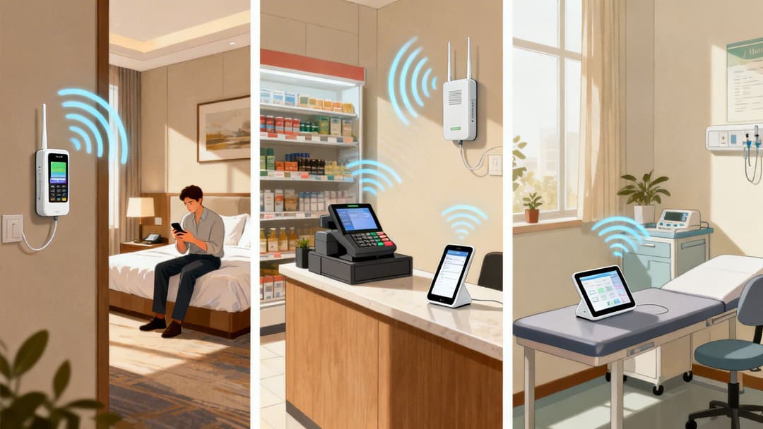 Los extensores Wifi proporcionan señales inalámbricas potentes en una habitación de hotel, una tienda minorista y una clínica médica.
