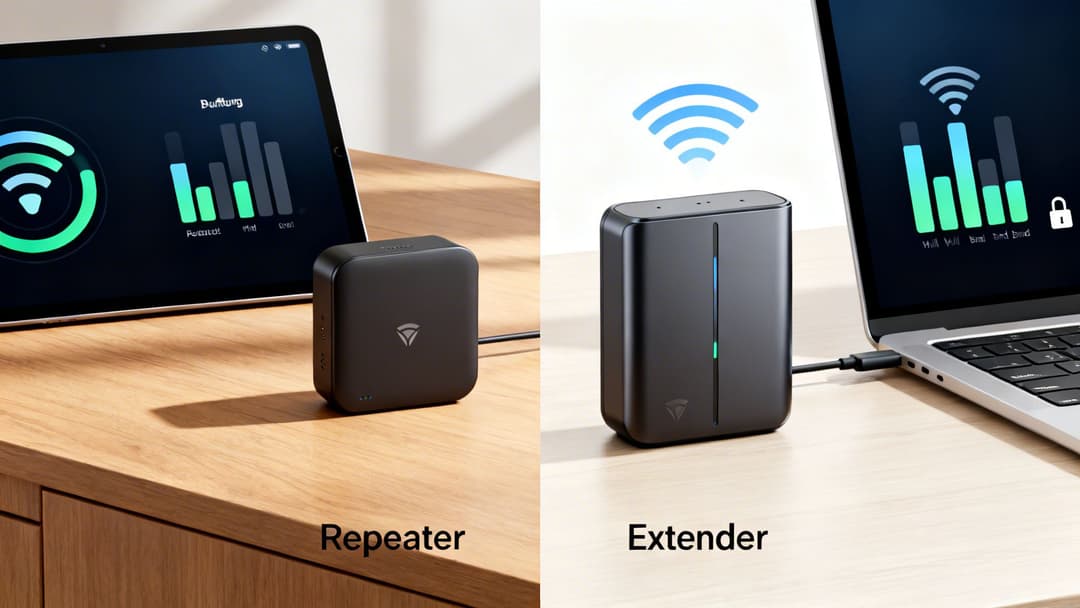 Dos dispositivos de red negros, uno un repetidor Wi-Fi con una tablet, el otro un extensor con un portátil, mostrando la intensidad de la señal.