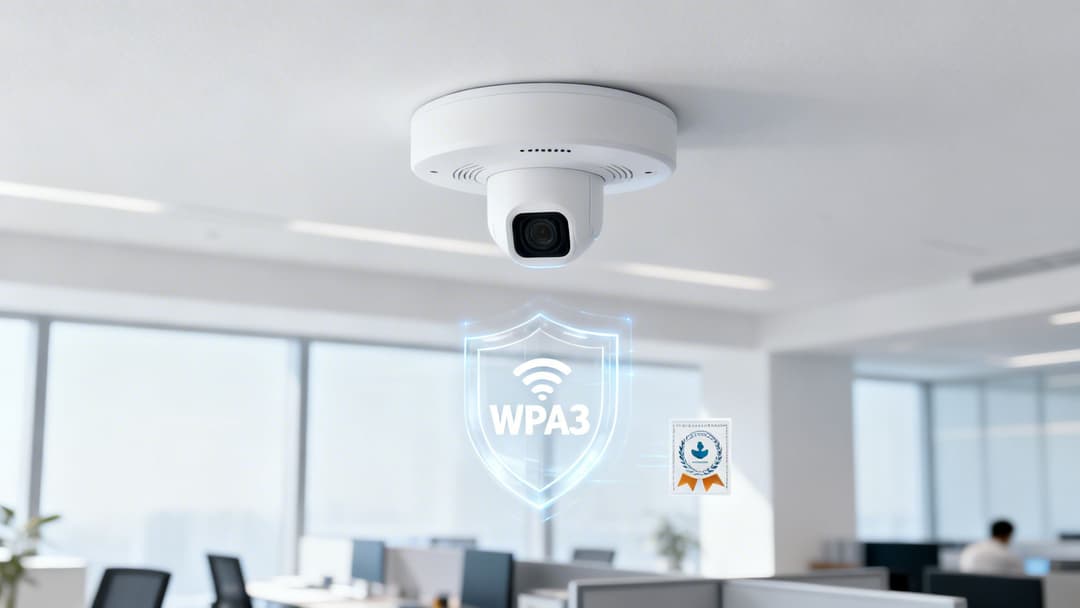 Uma câmara de segurança branca montada no teto num escritório moderno com um escudo de segurança Wi-Fi WPA3.