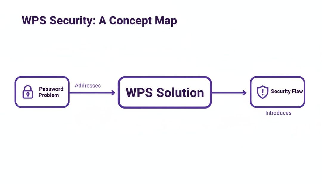 Um mapa conceptual intitulado 'Segurança WPS' ilustra como uma solução WPS resolve problemas de palavras-passe, mas introduz uma falha de segurança.