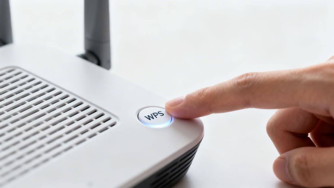 Um dedo prime o botão WPS iluminado num router sem fios branco, estabelecendo uma ligação segura.