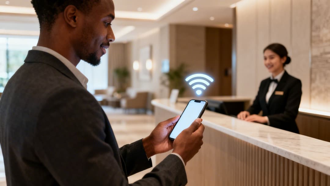 Un uomo connette il suo smartphone al Wi-Fi nella hall di un hotel moderno con un addetto alla reception.