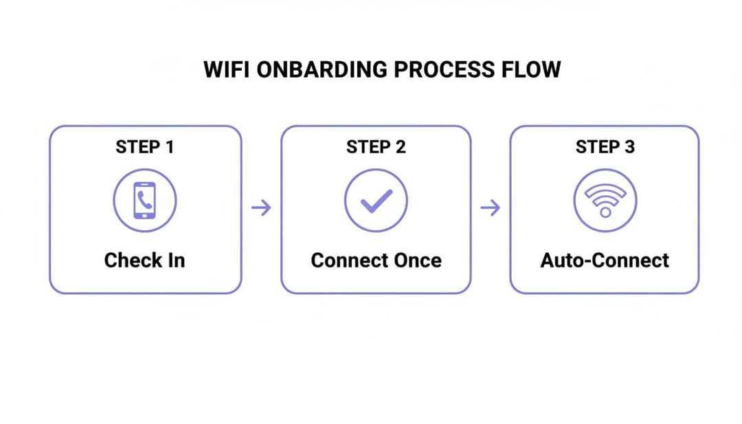 Un diagramma di flusso in tre fasi mostra il processo di onboarding WiFi: Check In, Connect Once e Auto-Connect.