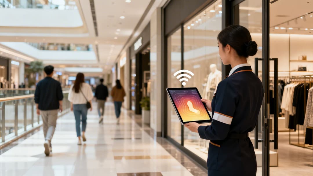 Una persona in uniforme in un centro commerciale usa un tablet che mostra una mappa di calore e il segnale Wi-Fi.