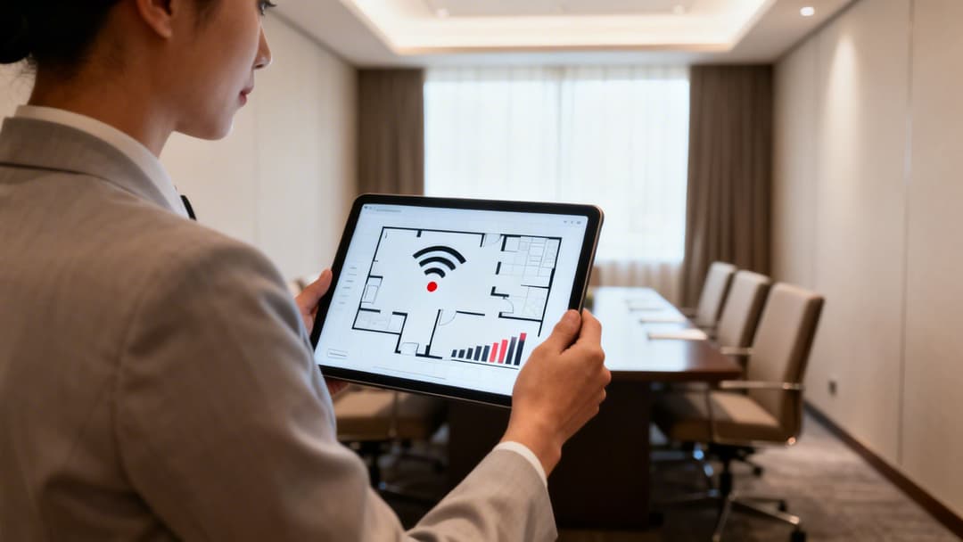 Uma pessoa segura um tablet que exibe um mapa de rede Wi-Fi de uma sala de conferências, mostrando a força do sinal.