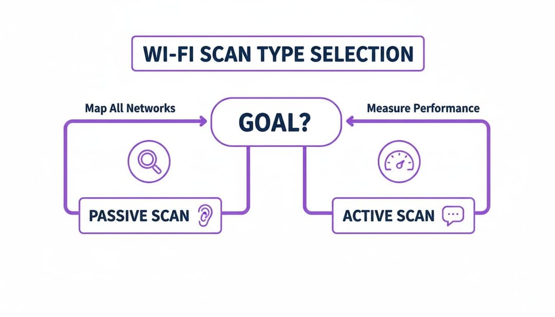 Fluxograma que detalha a seleção do tipo de Wi-Fi scan: Scan passivo para mapear redes, Scan ativo para medir o desempenho.
