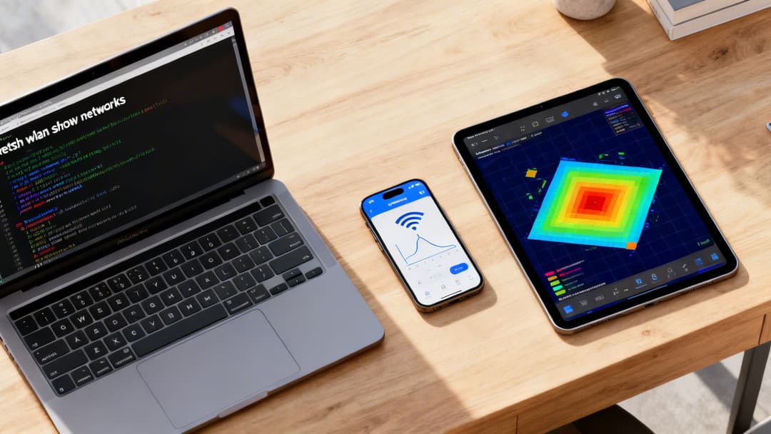 Três dispositivos numa secretária de madeira a exibir software de análise e scanning de rede Wi-Fi.
