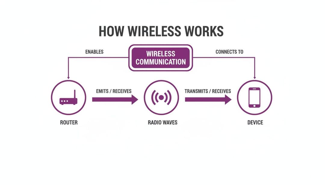 Ein Diagramm, das veranschaulicht, wie die drahtlose Kommunikation zwischen einem Router, Funkwellen und einem Gerät funktioniert.