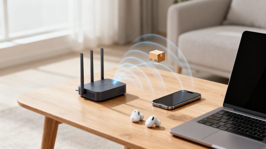 Ein drahtloser Router auf einem Holztisch, der Signale an ein Smartphone, einen Laptop und Ohrhörer sendet.
