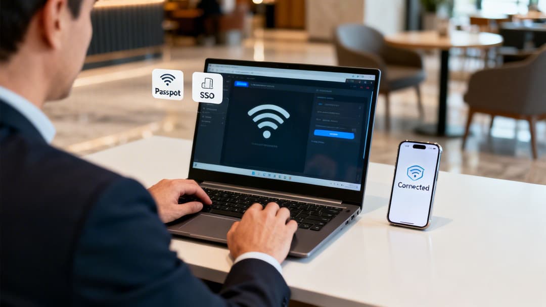 Ein Mann im Anzug nutzt einen Laptop und ein Smartphone, um sich sicher mit dem Wi-Fi zu verbinden, wobei Passpoint- und SSO-Symbole angezeigt werden.