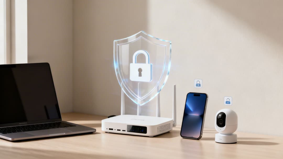 Heimnetzwerksicherheit mit einem weißen Router, Laptop, Smartphone und einer Kamera, alle geschützt durch einen digitalen Schild.