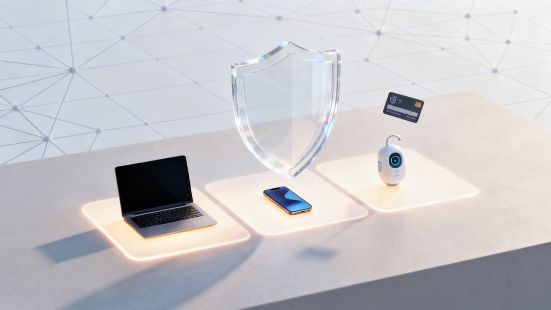 Ein transparenter Schild, der einen Laptop, ein Smartphone, ein intelligentes Vorhängeschloss und eine Kreditkarte schützt und digitale Sicherheit symbolisiert.