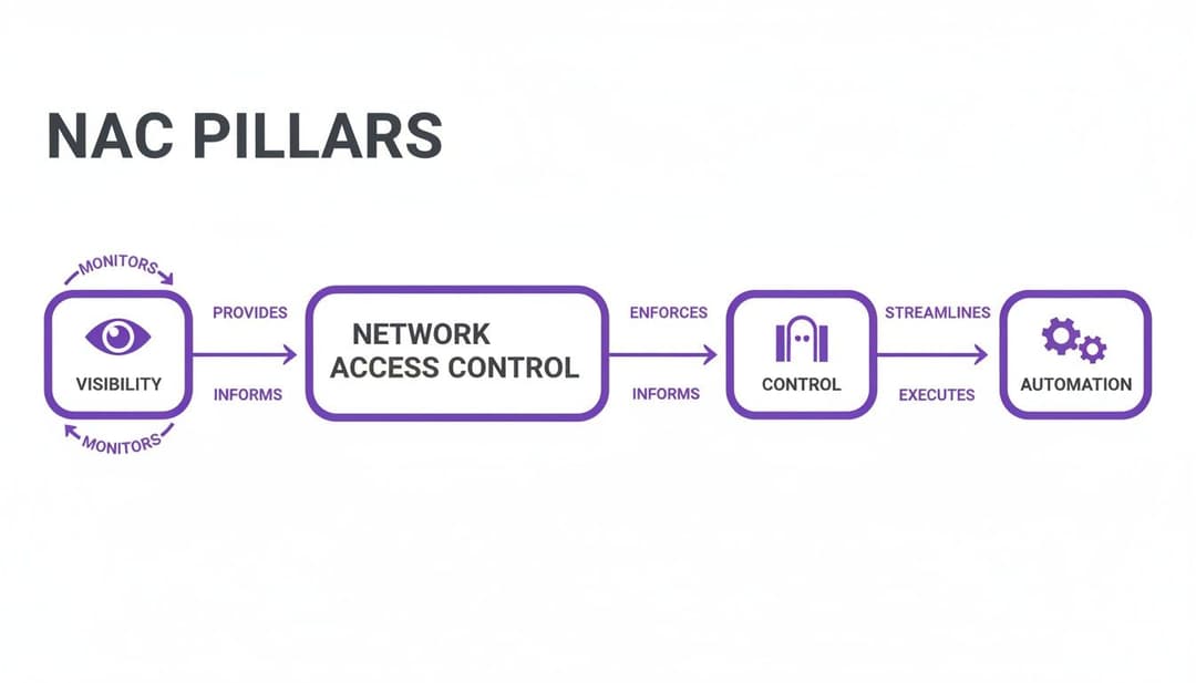 Flussdiagramm, das die vier Säulen der Network Access Control (NAC) veranschaulicht: Transparenz, NAC, Kontrolle und Automatisierung.