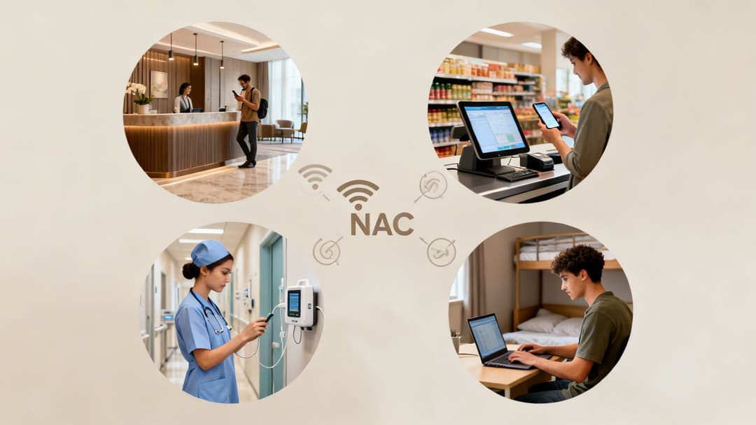 Network Access Control (NAC) in verschiedenen Umgebungen dargestellt: Hotel, Einzelhandel, Krankenhaus und Studentenwohnheim.