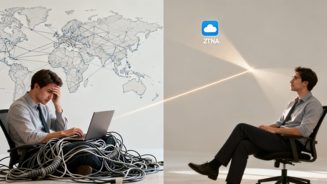 Ein von verhedderten Netzwerkkabeln gestresster Mann im Kontrast zu einem entspannten Mann, der von der ZTNA-Cloud profitiert.