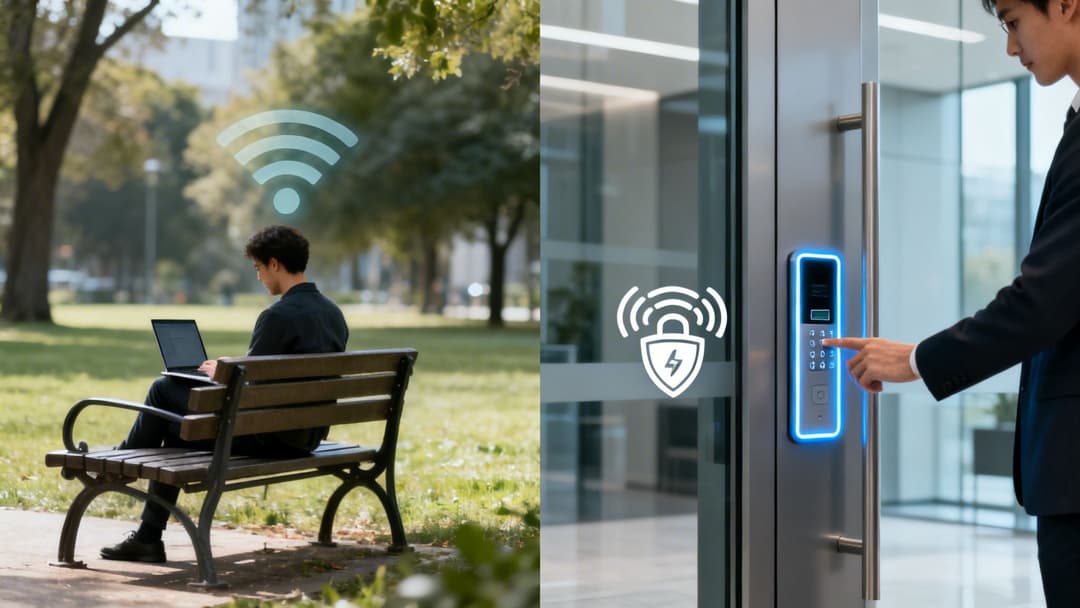 Um homem usa um portátil num parque com Wi-Fi e outro usa um sistema seguro de controlo de acessos.