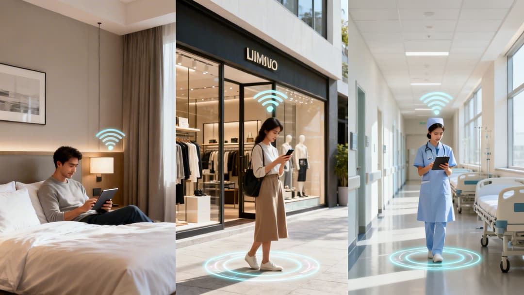 Pessoas a usar dispositivos com símbolos de WiFi brilhantes em vários cenários, ilustrando a conectividade empresarial inteligente.