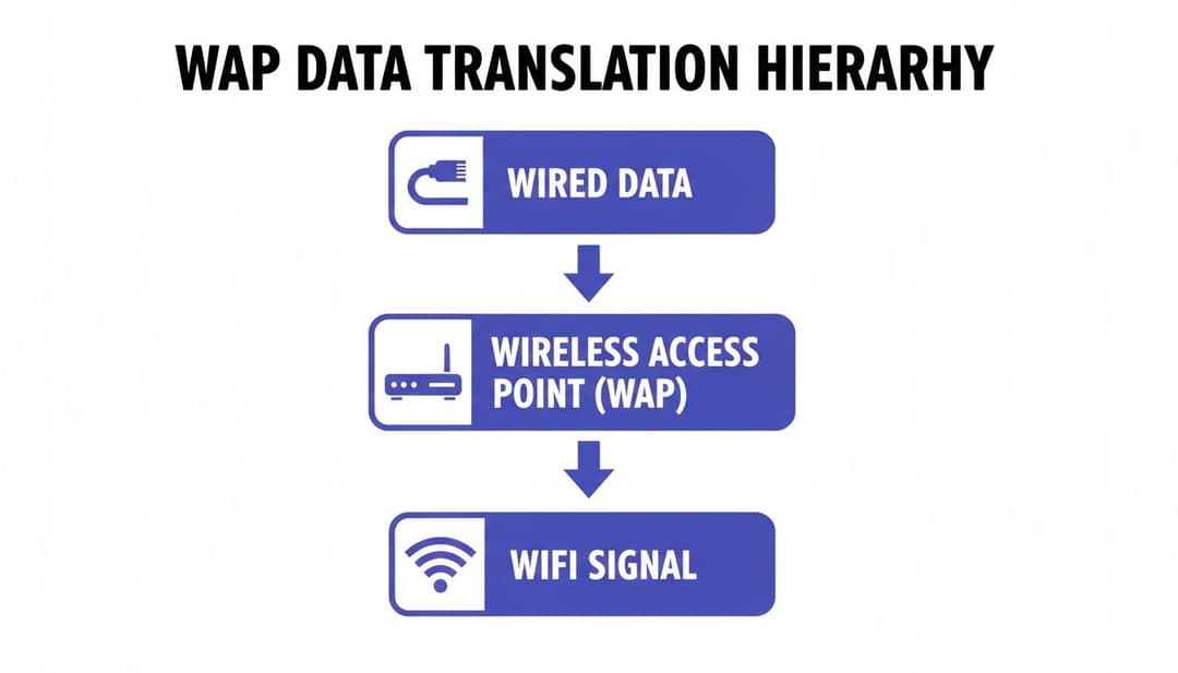 Diagrama que muestra la jerarquía de traducción de datos de un WAP: los datos por cable fluyen hacia un punto de acceso inalámbrico y luego se convierten en una señal WiFi.