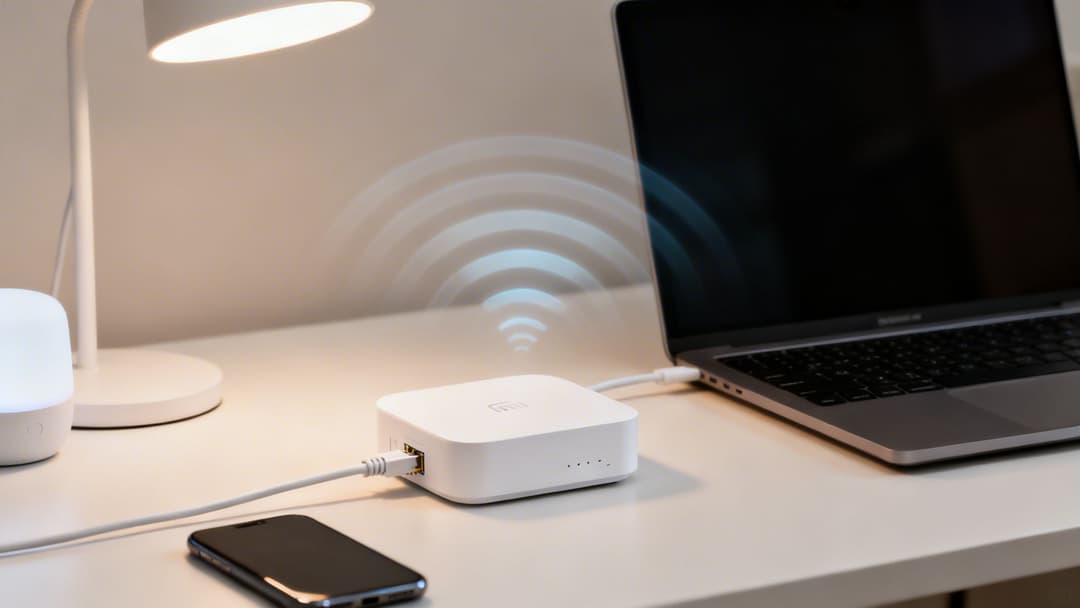 Un punto de acceso inalámbrico blanco sobre un escritorio, emitiendo señales Wi-Fi junto a una computadora portátil.