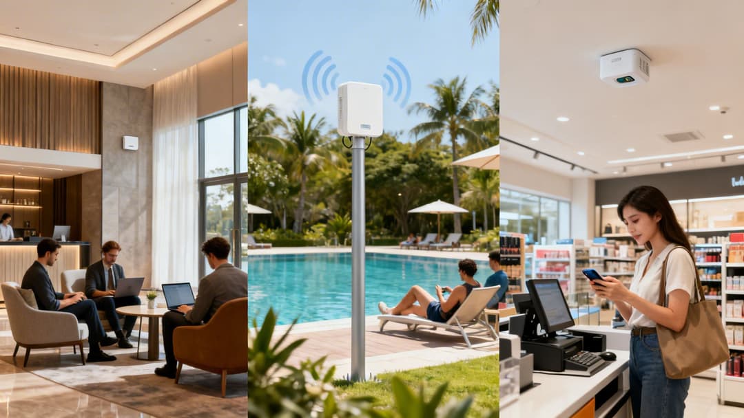 Puntos de acceso inalámbrico que proporcionan conectividad Wi-Fi en diversos entornos: vestíbulo de hotel, piscina y tienda minorista.