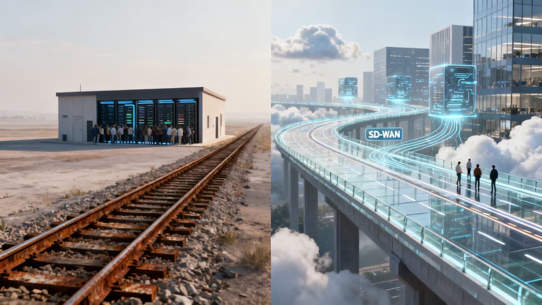 Image divisée comparant l'infrastructure de centre de données traditionnelle aux réseaux SD-WAN modernes basés sur le cloud.