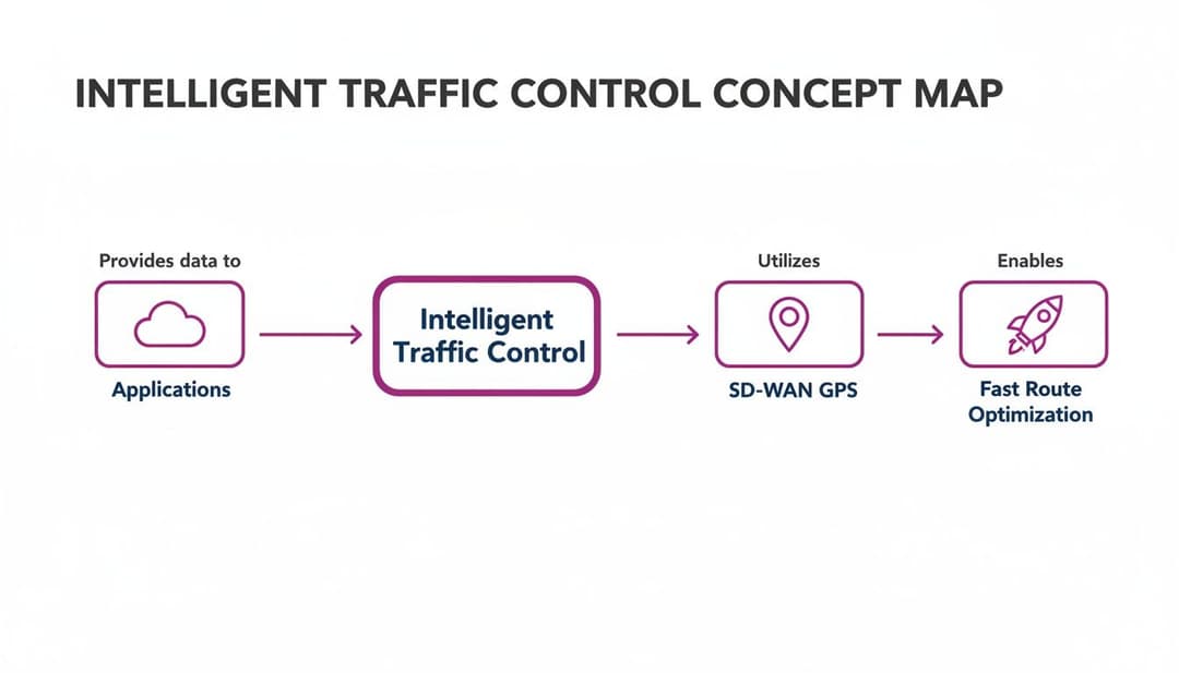 Carte conceptuelle illustrant le contrôle intelligent du trafic, montrant le flux de données des applications vers l'optimisation des itinéraires via le GPS SD-WAN.