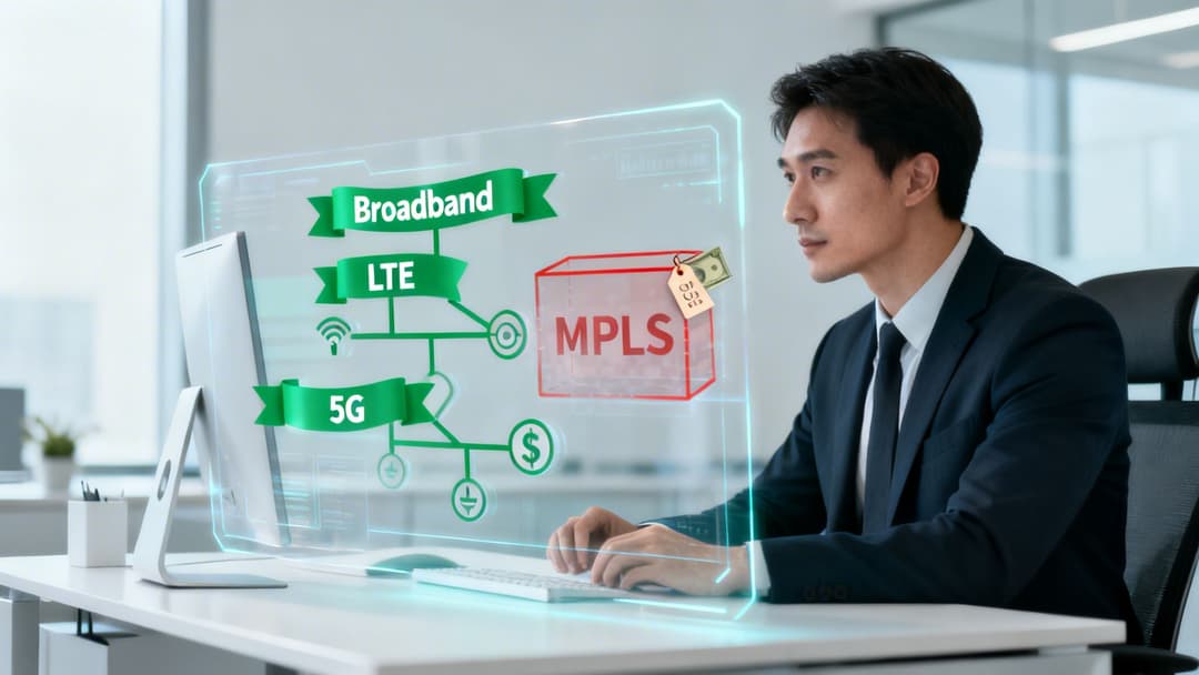 Homme d'affaires asiatique examinant un diagramme de réseau holographique comparant les options haut débit, LTE, 5G et MPLS.