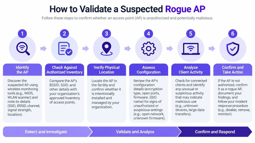 A six-step infographic detailing the process for identifying and validating a suspected rogue wireless access point.