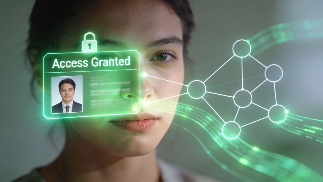A young woman undergoing a digital biometric facial recognition scan with an access granted overlay display.