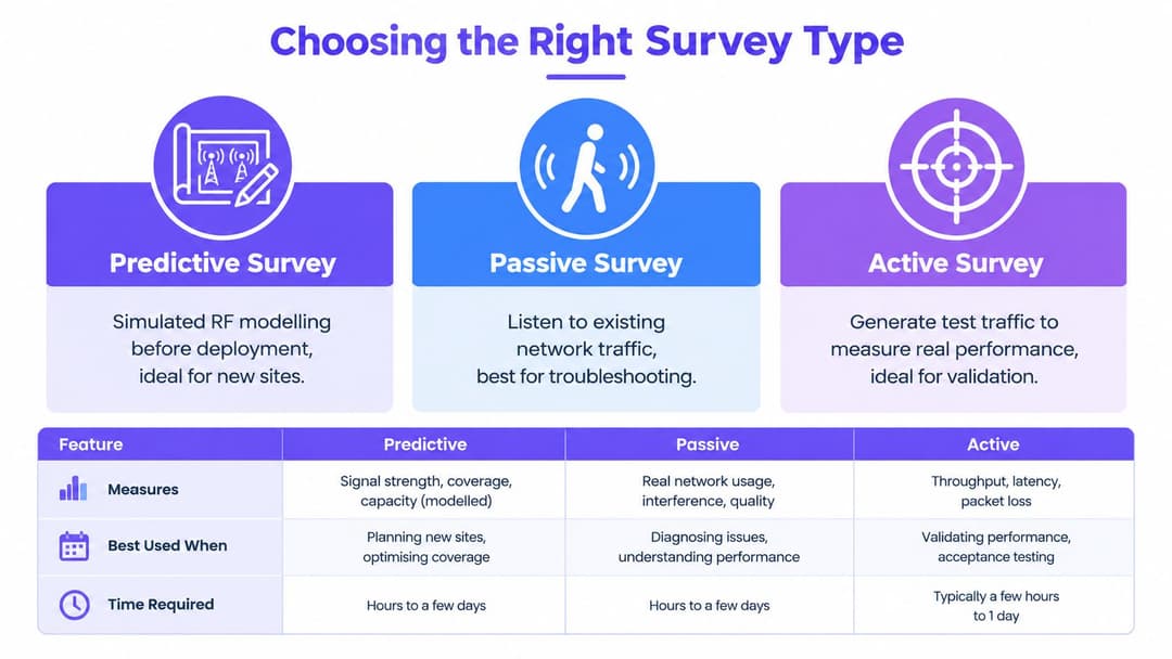A comparison chart outlining the differences between predictive, passive, and active wireless network site surveys.