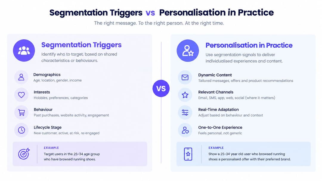 Un tableau comparatif illustrant comment les déclencheurs de segmentation diffèrent de la personnalisation dans la pratique du marketing avec des exemples.