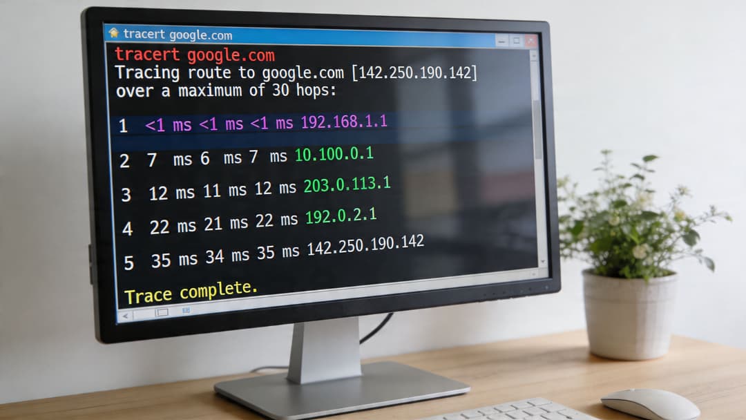 La pantalla de un ordenador sobre un escritorio de madera que muestra un comando traceroute en la línea de comandos hacia google.com.