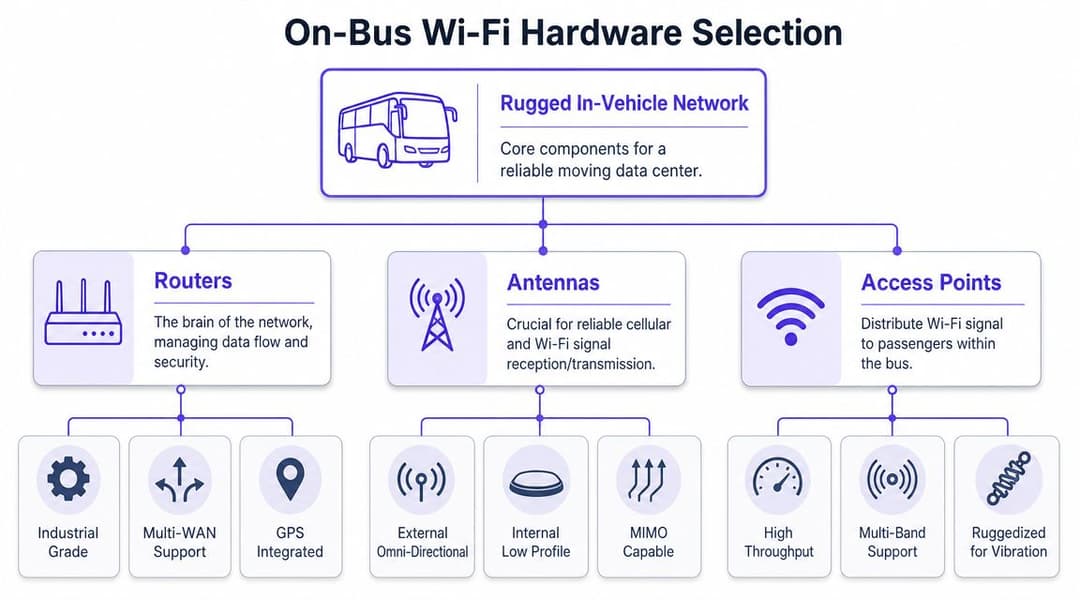 Um diagrama que ilustra os componentes de hardware essenciais para estabelecer uma rede WiFi fiável em autocarros públicos.