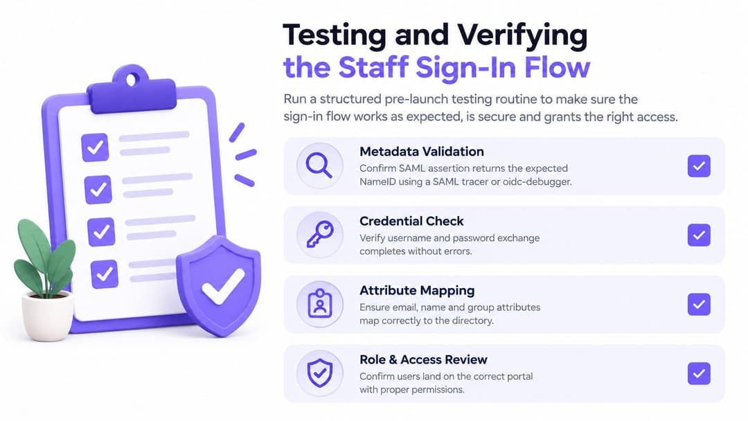 A graphic depicting a checklist for testing and verifying the staff single sign-on authentication flow.