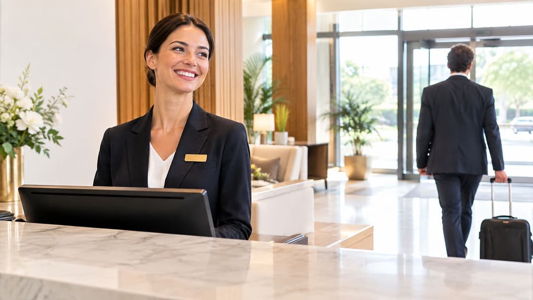A smiling hotel receptionist greets a guest in a modern, elegant hotel lobby with marble counters.