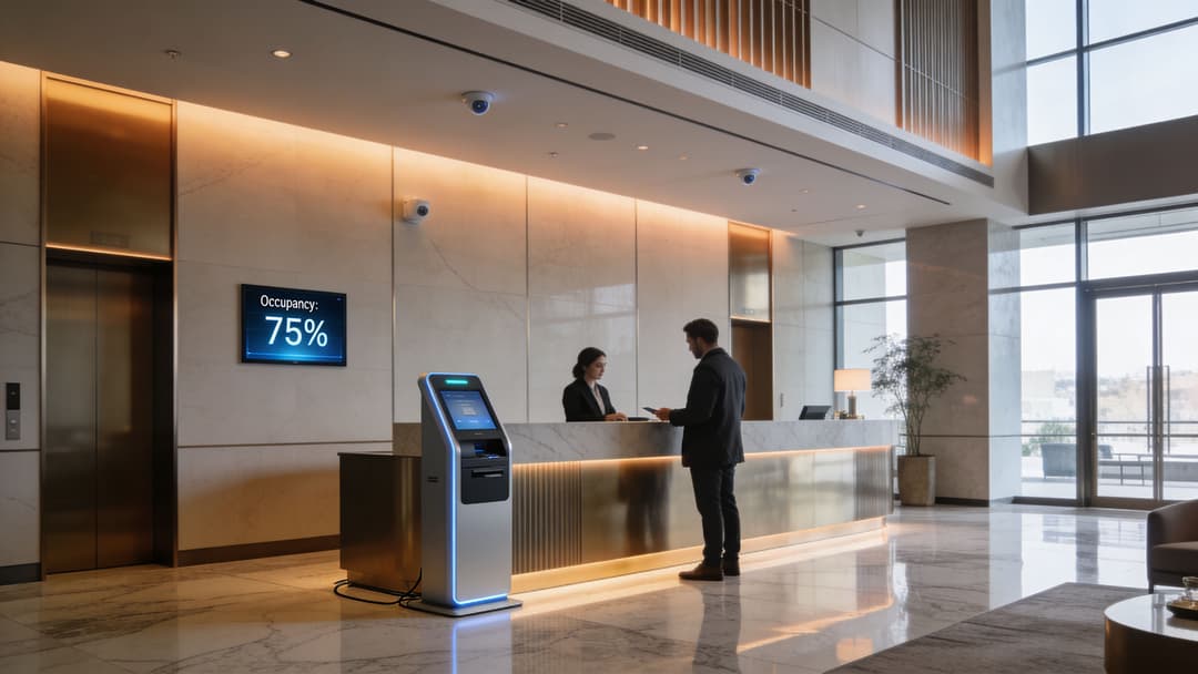 A modern hotel lobby featuring a digital occupancy sign, a self-service kiosk, and a reception desk.