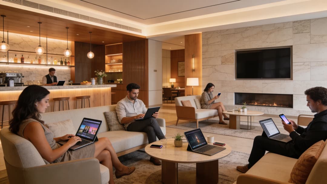 Menschen, die in einer modernen, luxuriösen Hotel-Lounge mit warmer Umgebungsbeleuchtung an Laptops arbeiten und Smartphones nutzen.