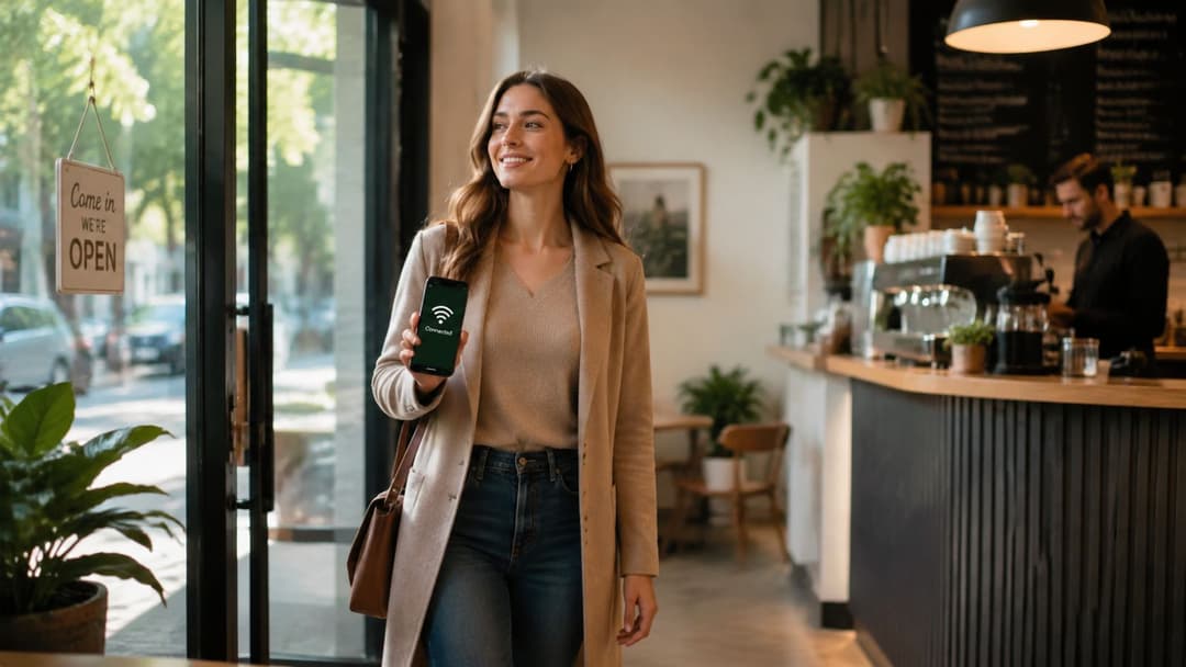 A smiling woman holding a smartphone showing a Wi-Fi connected screen inside a welcoming coffee shop.